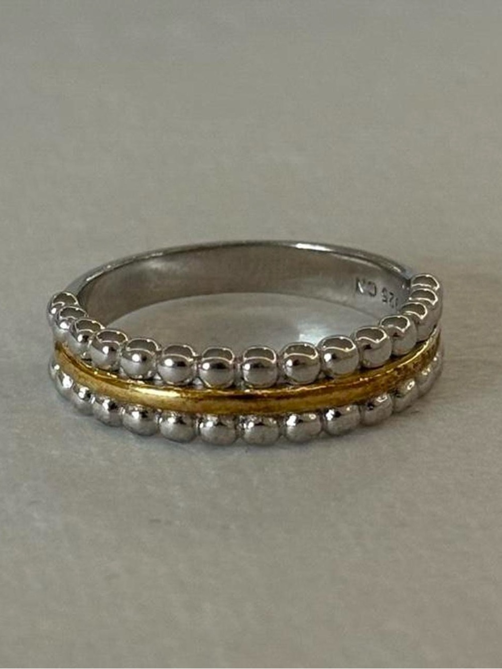 925 Sterling Silver & Gold Tone Mixed Metals Beaded Texture Band Ring Size 6